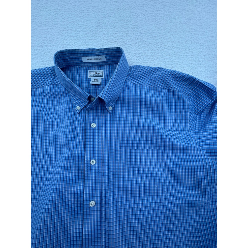 LL Bean Mens XL Regular Blue Grid Wrinkle Resistant Cotton Button Down Shirt